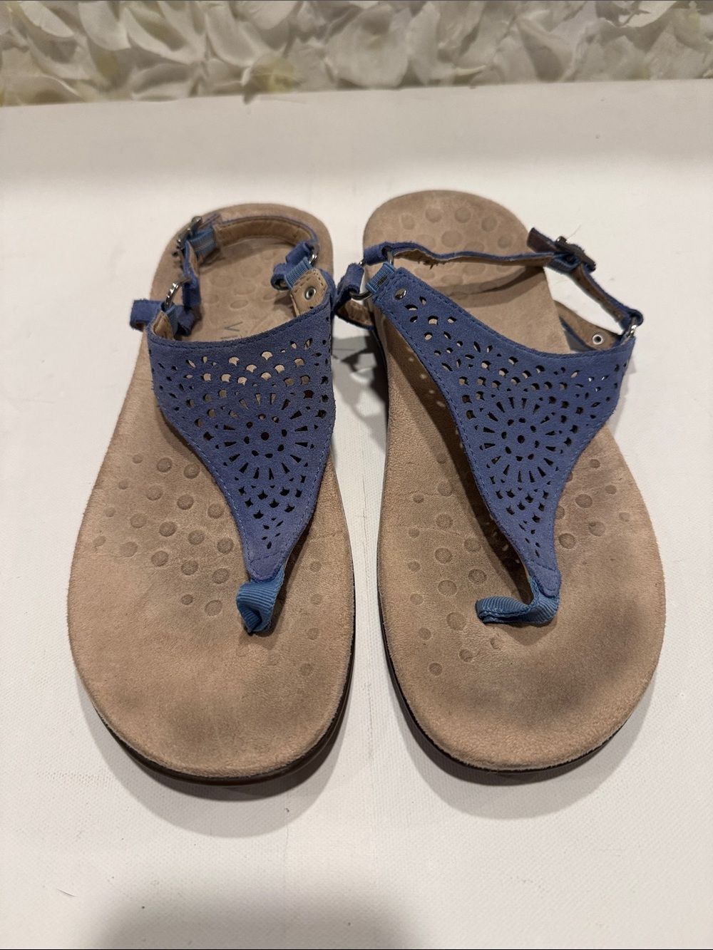 Vionic Blue Laser-Cut Toe-Post Sandals with Ankle Strap